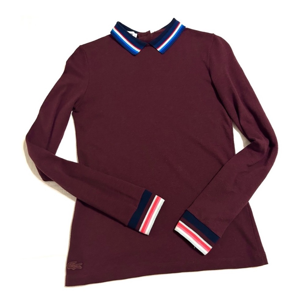 Lacoste 🐊 Long Sleeve Polo Deep Burgundy Multi Stripe Cuff & Collar Size 32 EUC